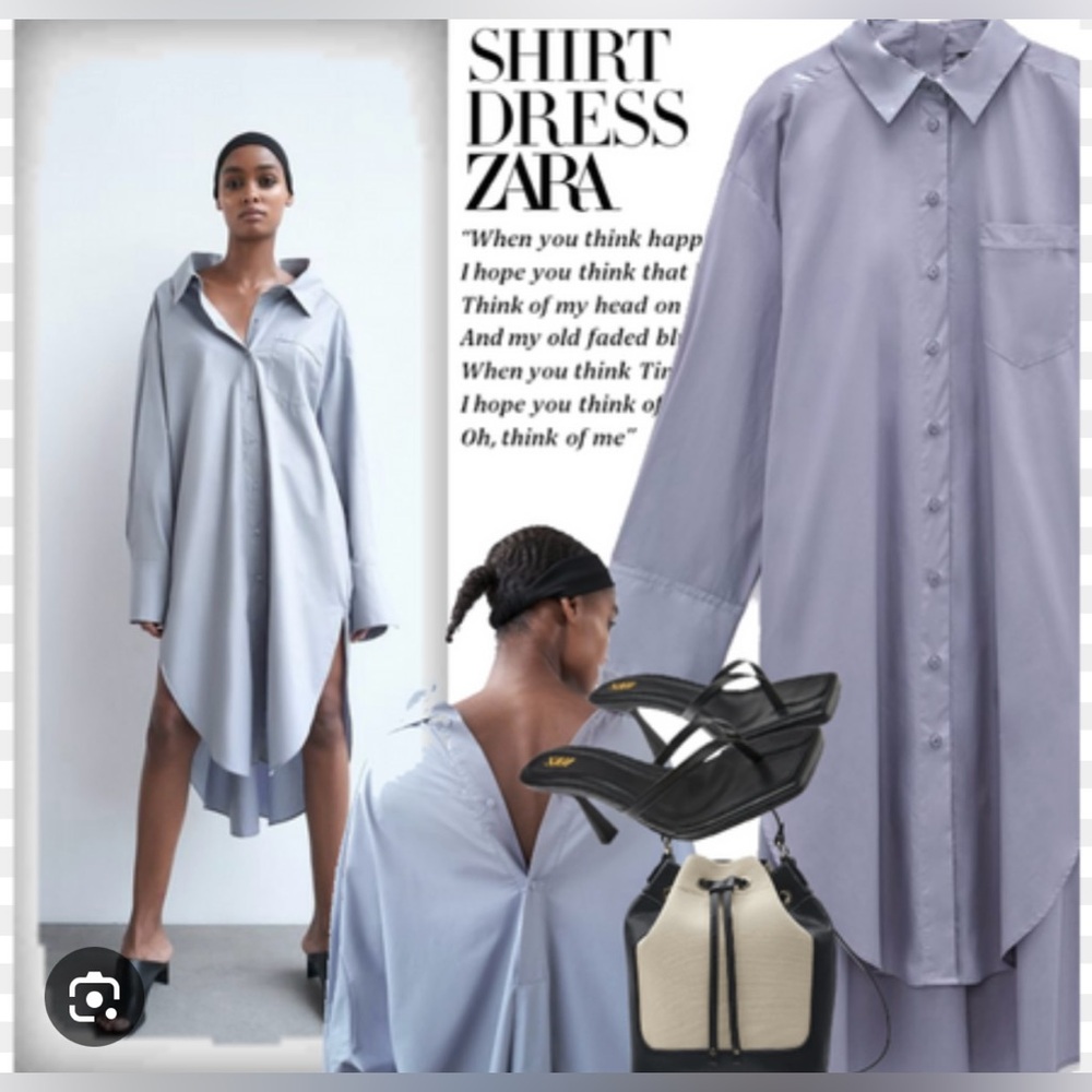 Zara poplin cotton grey blue shirt dress oversized back buttons menswear tunic S